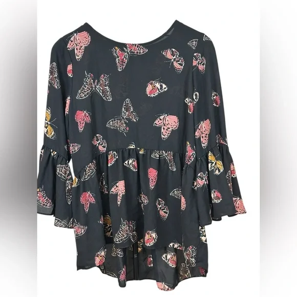 Cupio Black Butterfly Print Long Sleeve Ruffle Hem Blouse Size M - Picture 2 of 5